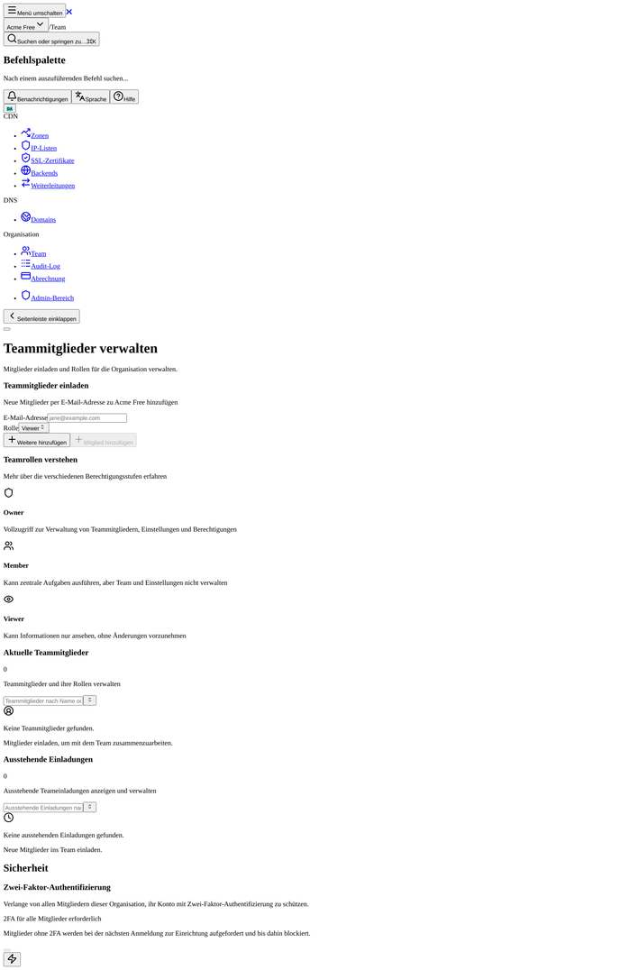 Die Team-Verwaltung: Mitglieder, ausstehende Einladungen, Rollen und die 2FA-Anforderung.