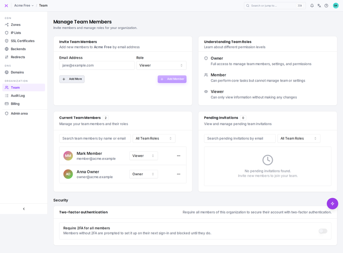 Team management: members, pending invitations, roles, and the 2FA requirement.