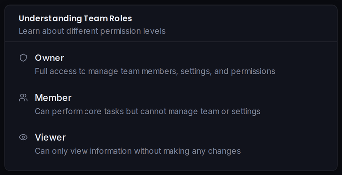 The team roles card summarising Owner, Manager, and Viewer permissions.