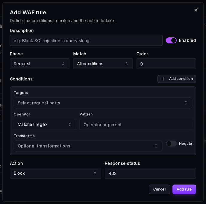 The rule editor: description, phase, match mode and order, then the conditions and the action.