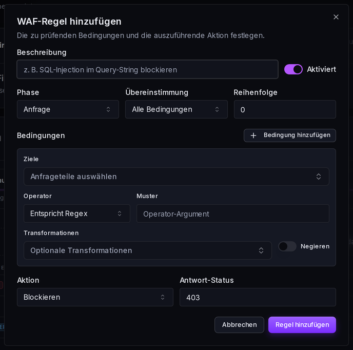 Der Regeleditor: Beschreibung, Phase, Übereinstimmung und Reihenfolge, darunter die Bedingungen und die Aktion.