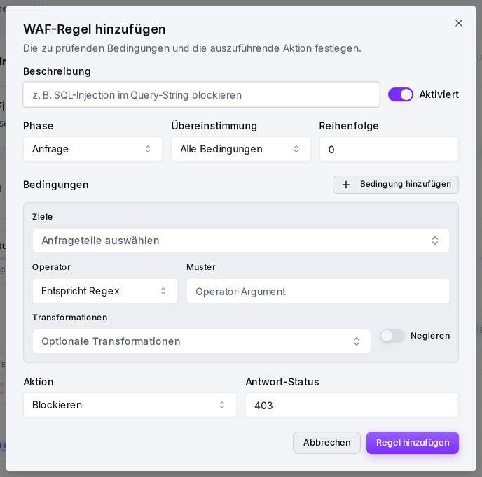 Der Regeleditor: Beschreibung, Phase, Übereinstimmung und Reihenfolge, darunter die Bedingungen und die Aktion.