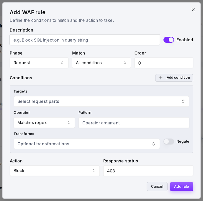 The rule editor: description, phase, match mode and order, then the conditions and the action.