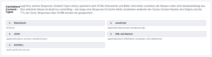 Die Karte „Cachebare Content-Types“: je ein Schalter pro Content-Klasse, standardmäßig alle aus.