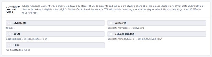 The Cacheable content types card: one toggle per content class, all off by default.