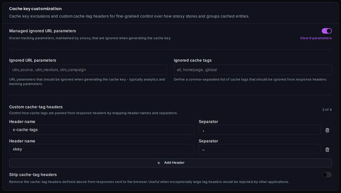 The cache key customization card: managed ignored URL parameters, ignored URL parameters, ignored cache tags, custom cache-tag headers, and the strip cache-tag headers toggle.