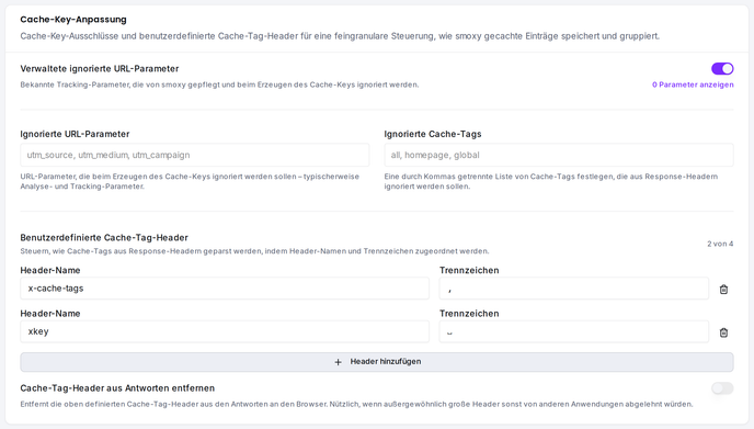 Die Karte zur Cache-Key-Anpassung: verwaltete ignorierte URL-Parameter, ignorierte URL-Parameter, ignorierte Cache-Tags, benutzerdefinierte Cache-Tag-Header und der Schalter zum Entfernen der Cache-Tag-Header.