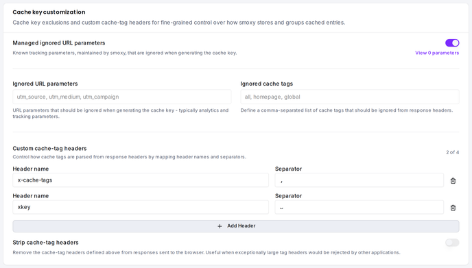 The cache key customization card: managed ignored URL parameters, ignored URL parameters, ignored cache tags, custom cache-tag headers, and the strip cache-tag headers toggle.