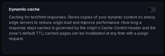 The Dynamic cache card enables HTML caching for the zone.