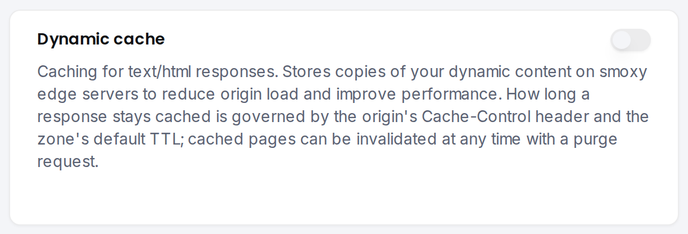 The Dynamic cache card enables HTML caching for the zone.