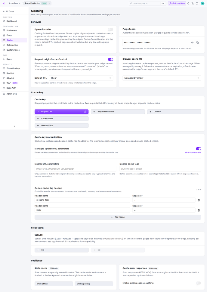 Cache configuration: behavior, TTL, cache key, tags, and stale behavior.