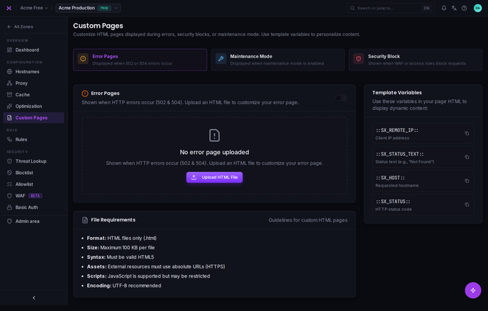 Custom error, security, and maintenance pages.