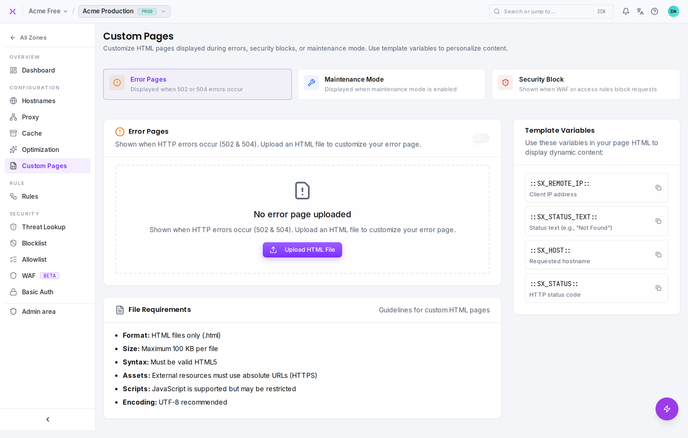 Custom error, security, and maintenance pages.