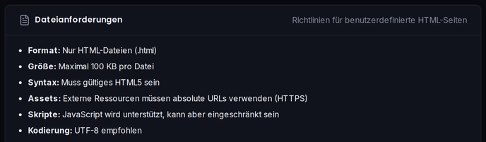 Die Karte „Dateianforderungen“ mit Regeln zu Format, Größe und Kodierung.