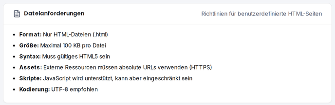 Die Karte „Dateianforderungen“ mit Regeln zu Format, Größe und Kodierung.