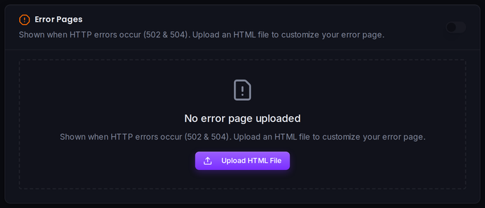 The upload card for a page type: toggle it on and upload an HTML file.