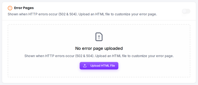 The upload card for a page type: toggle it on and upload an HTML file.