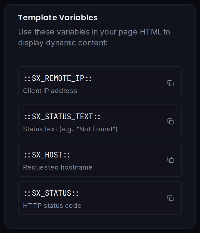 The Template Variables card, with a copy button for each variable.