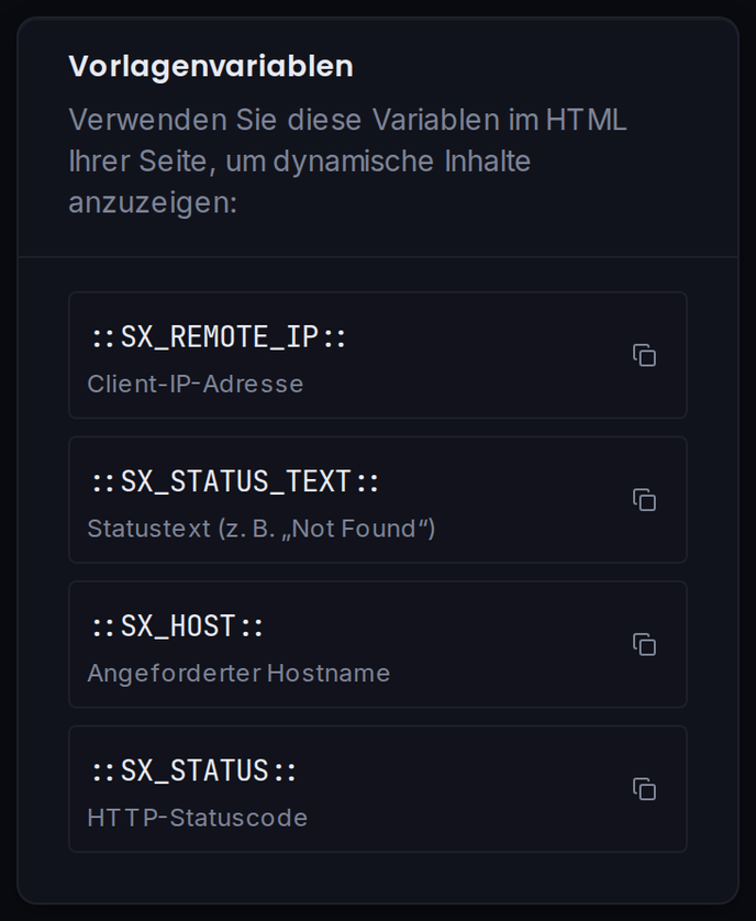 Die Karte „Vorlagenvariablen“ mit einer Kopierschaltfläche je Variable.