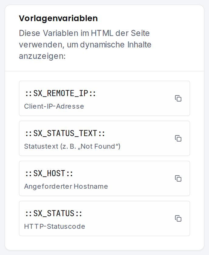 Die Karte „Vorlagenvariablen“ mit einer Kopierschaltfläche je Variable.
