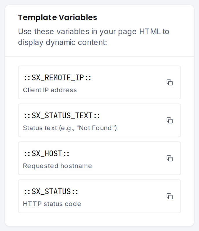 The Template Variables card, with a copy button for each variable.