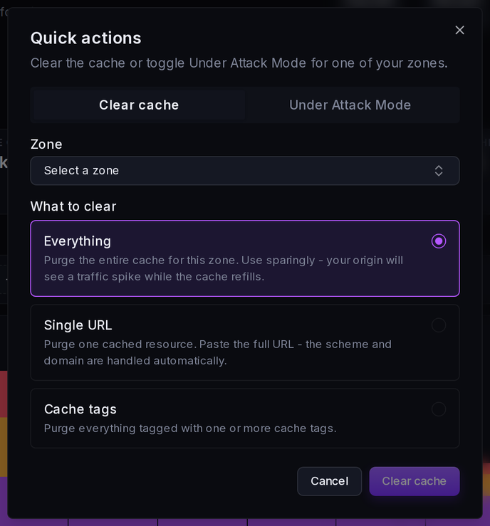 Quick actions, Clear cache tab: purge everything, a single URL, or by cache tag.