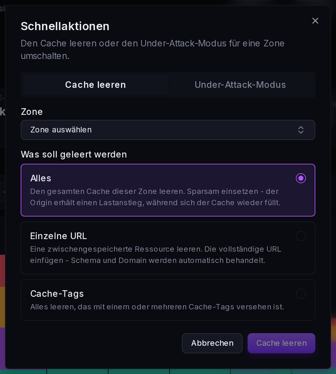 Schnellaktionen, Tab „Cache leeren“: alles, eine einzelne URL oder nach Cache-Tag leeren.