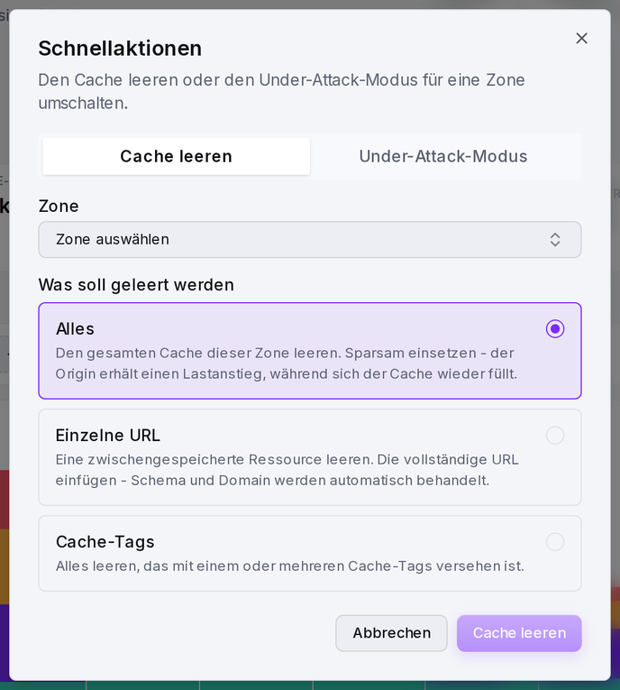 Schnellaktionen, Tab „Cache leeren“: alles, eine einzelne URL oder nach Cache-Tag leeren.