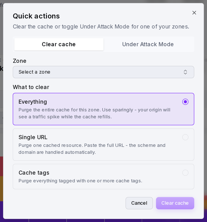 Quick actions, Clear cache tab: purge everything, a single URL, or by cache tag.
