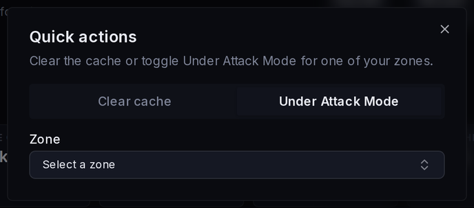 Quick actions, Under Attack Mode tab, with its warning before enabling.