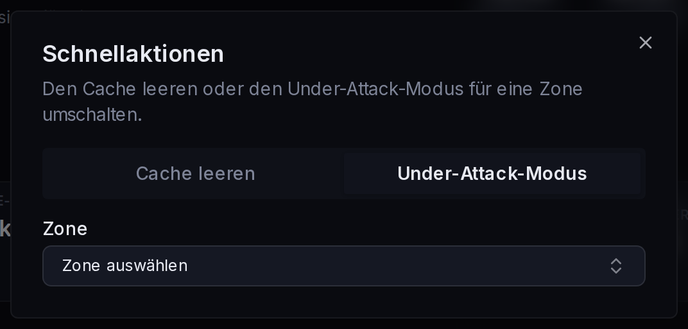 Schnellaktionen, Tab „Under-Attack-Modus“, mit Warnhinweis vor der Aktivierung.