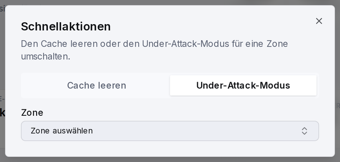 Schnellaktionen, Tab „Under-Attack-Modus“, mit Warnhinweis vor der Aktivierung.