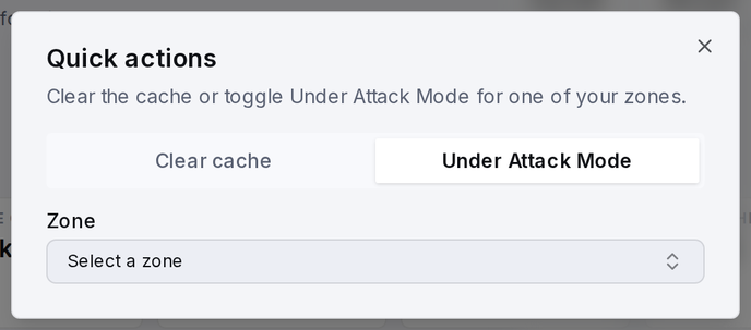 Quick actions, Under Attack Mode tab, with its warning before enabling.