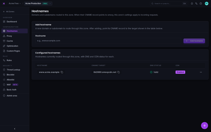 The Hostnames page, where you attach domains to a zone.