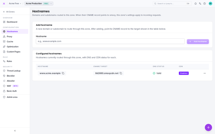 The Hostnames page, where you attach domains to a zone.