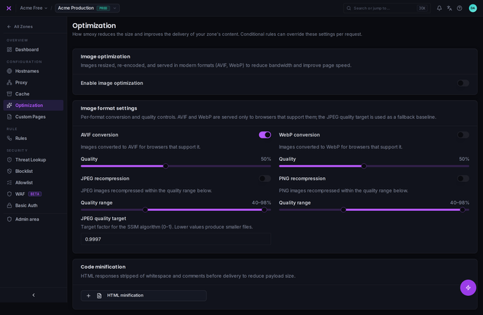 Image optimization and format-conversion settings.