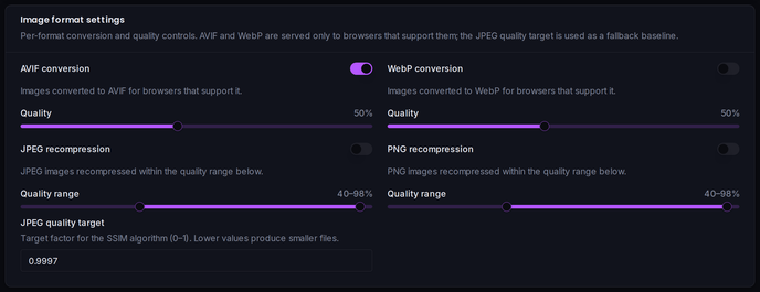Per-format conversion toggles and quality controls for AVIF, WebP, and the JPEG quality target.