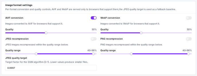 Per-format conversion toggles and quality controls for AVIF, WebP, and the JPEG quality target.