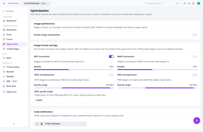 Image optimization and format-conversion settings.