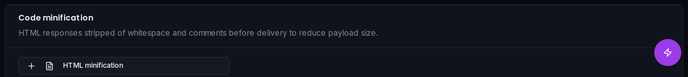 The Code minification card: toggle HTML minification on or off.