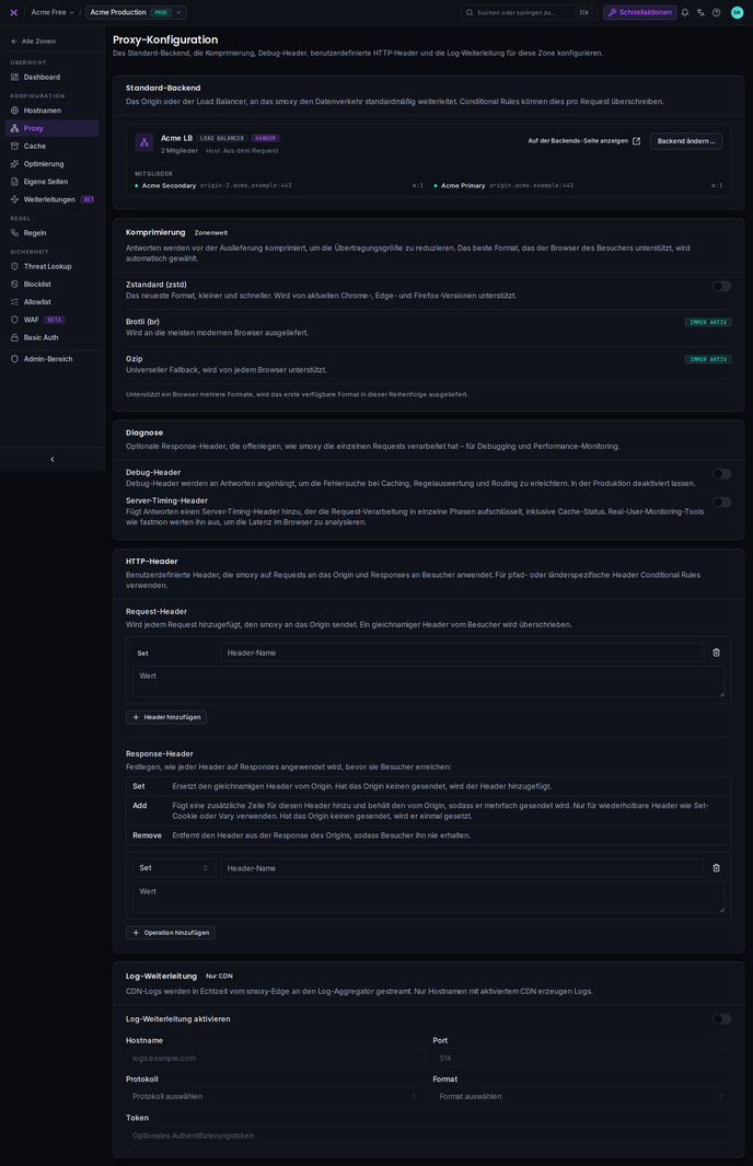 Proxy- und Origin-Konfiguration einer Zone.