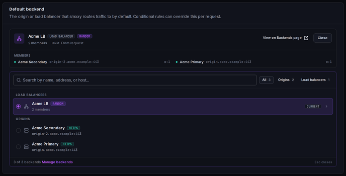 The Default backend card with the fold-out picker: search, type tabs, and the currently assigned backend.