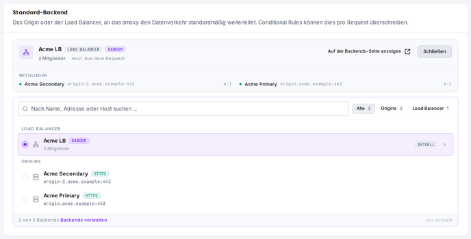 Die Standard-Backend-Karte mit ausgeklappter Auswahl: Suche, Typ-Tabs und das aktuell zugewiesene Backend.