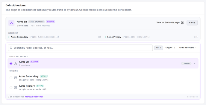 The Default backend card with the fold-out picker: search, type tabs, and the currently assigned backend.