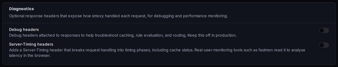 The Diagnostics card: the debug headers and Server-Timing headers toggles.