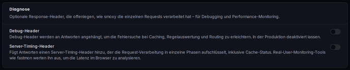 Die Diagnose-Karte: die Schalter für Debug-Header und Server-Timing-Header.