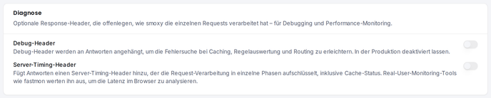 Die Diagnose-Karte: die Schalter für Debug-Header und Server-Timing-Header.