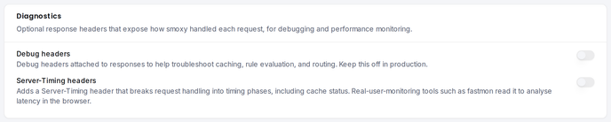 The Diagnostics card: the debug headers and Server-Timing headers toggles.