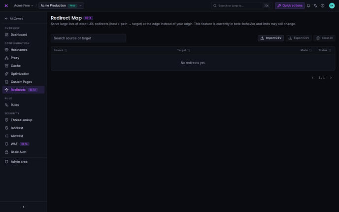 A zone's redirect map: a searchable, sortable table of exact redirects.