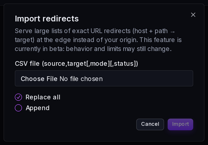 The import dialog: choose a CSV file and whether to replace or append.